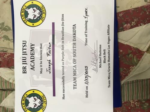 Purple belt · January 13, 2015 · Promoted by Mike Huitema