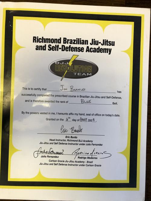 Blue belt · August 6, 2008 · Promoted by Eric Burdo