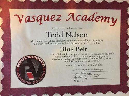 Blue belt · May 6, 2019 · Promoted by Professor Rudy Vasquez