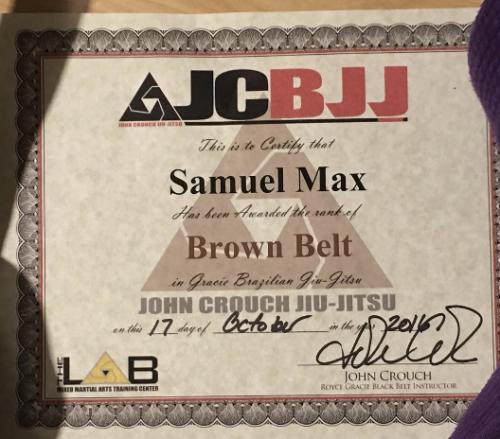 Brown belt · October 17, 2016 · Promoted by John Crouch