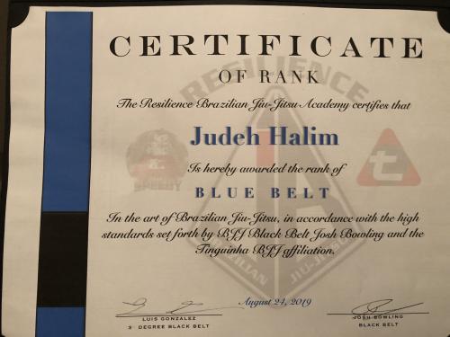 Blue belt · August 24, 2019 · Promoted by Joshua Bowling