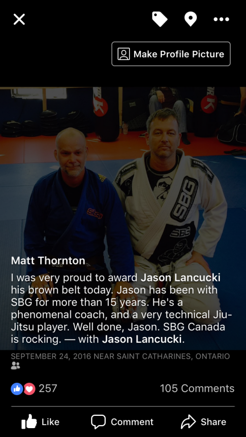 Brown belt · September 24, 2016 · Promoted by Matt Thornton