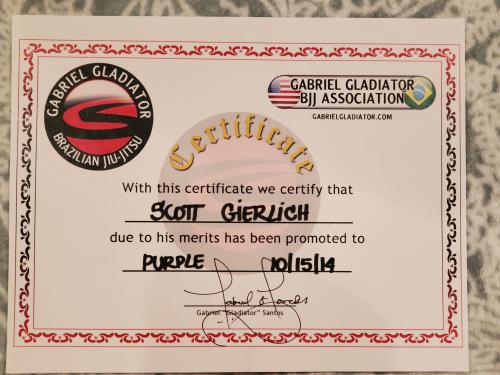 Purple belt · October 15, 2014 · Promoted by Gabriel Gladiator