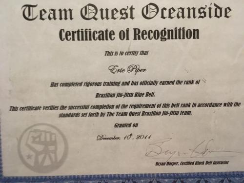 Blue belt · December 10, 2011 · Promoted by Brian Harper