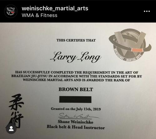 Brown belt · July 15, 2019 · Promoted by Shane Weinischke