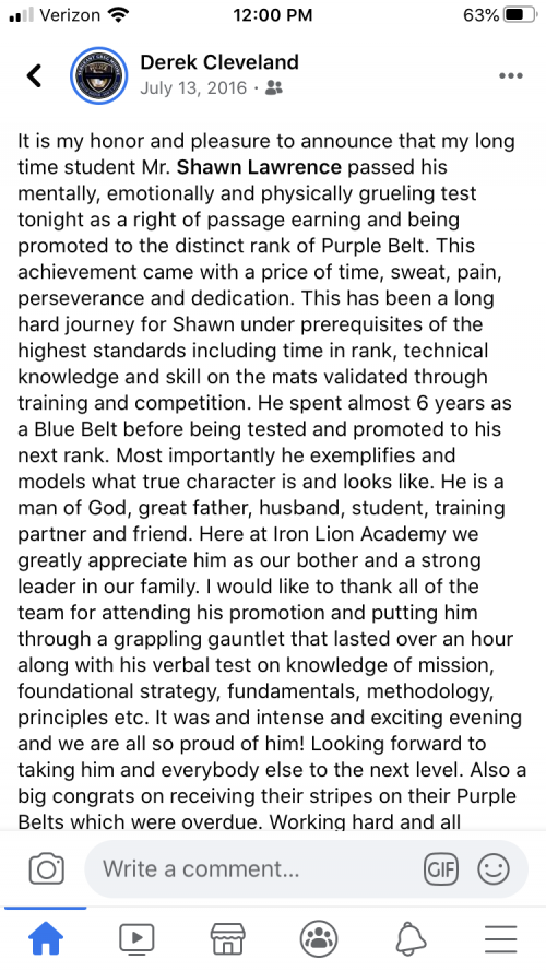 Purple belt · July 13, 2016 · Promoted by Professor Derek Cleveland