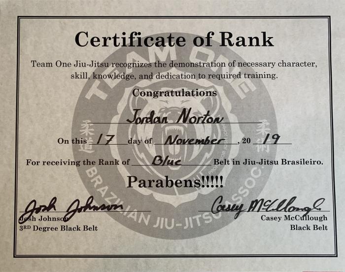 Blue belt · November 17, 2019 · Promoted by Josh Johnson