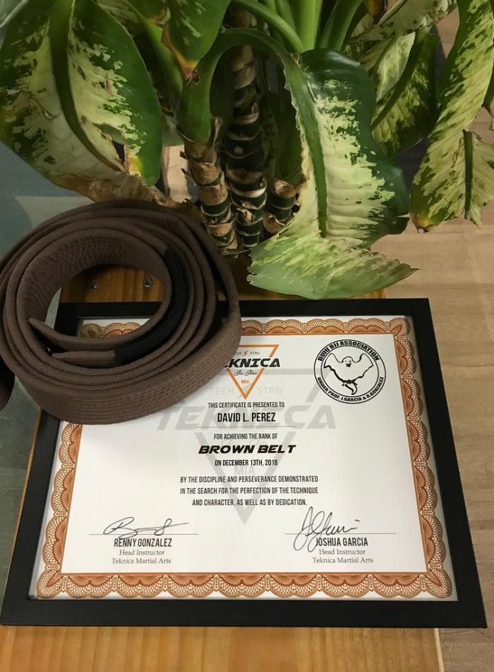 Brown belt · December 13, 2018 · Promoted by Joshua Garcia and Renny Gonzalez (Teknica)