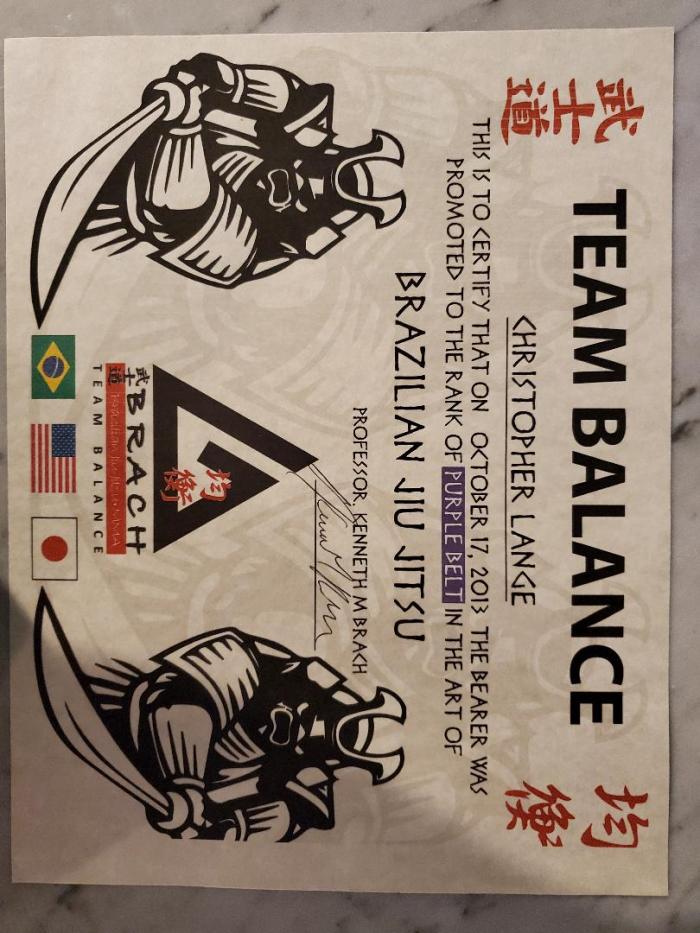 Purple belt · October 17, 2013 · Promoted by Kenneth Brach