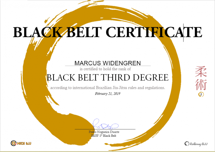 Black belt third degree certificate from Pedro Duarte.