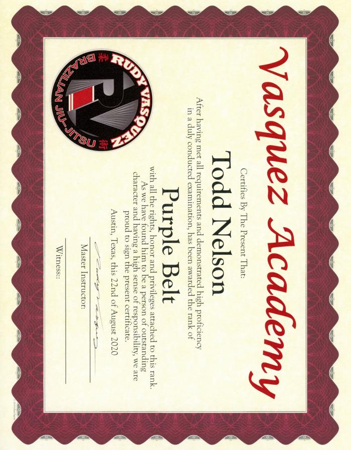 Purple belt · August 22, 2020 · Promoted by Professor Rudy Vasquez