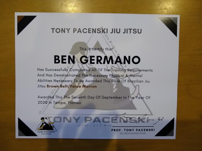 Brown belt · September 7, 2020 · Promoted by Tony Pacenski