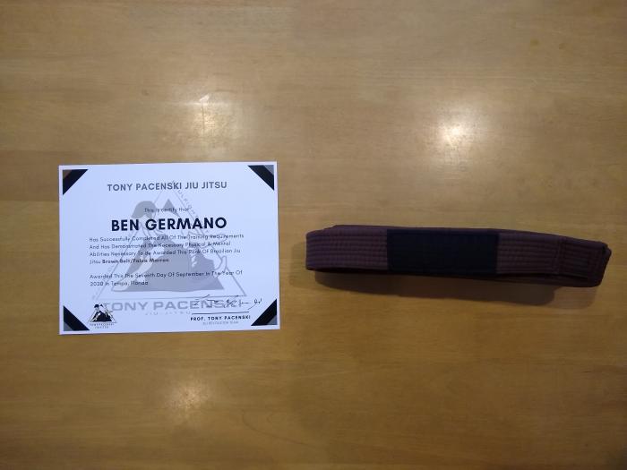 Brown belt · September 7, 2020 · Promoted by Tony Pacenski