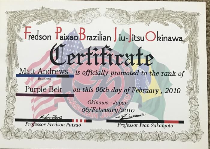 Purple belt · February 6, 2010 · Promoted by Ivan Sakamoto