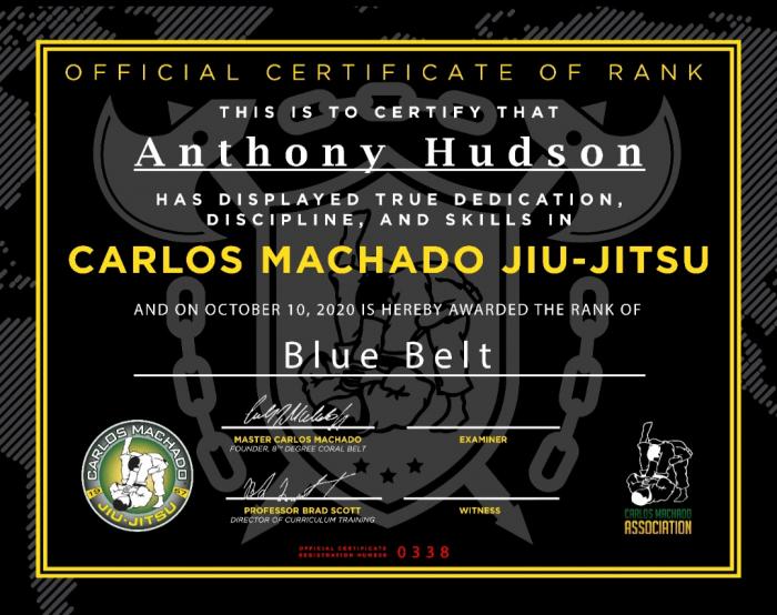 Blue belt · October 10, 2020 · Promoted by Master Carlos Machado; Professor Brad Scott