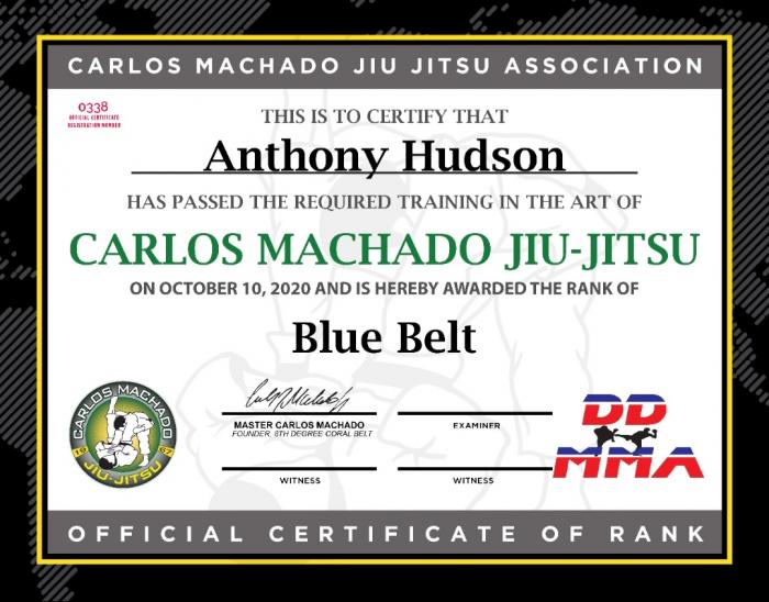 Blue belt · October 10, 2020 · Promoted by Master Carlos Machado; Professor Brad Scott
