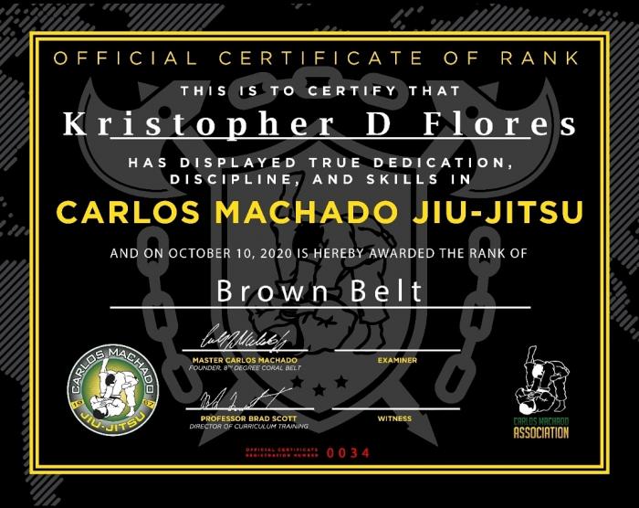Brown belt · April 23, 2022 · Promoted by Master Carlos Machado, Professor Eddie Avelar