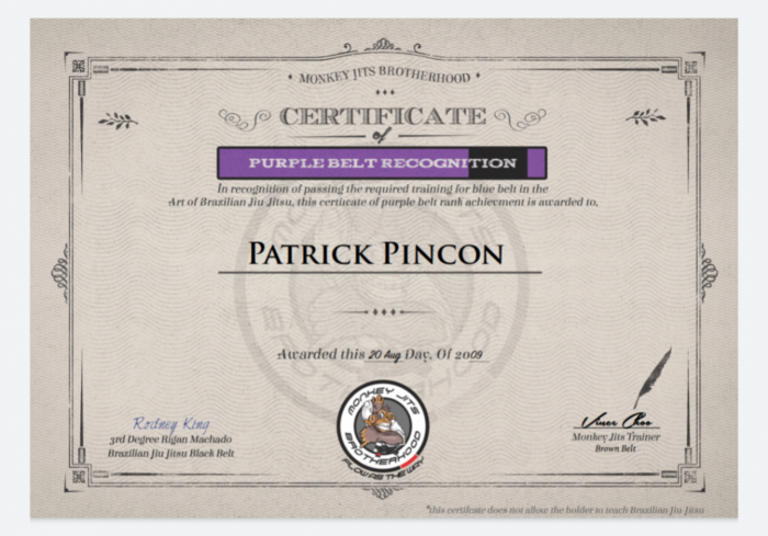 Purple belt · August 20, 2009 · Promoted by Rodney King