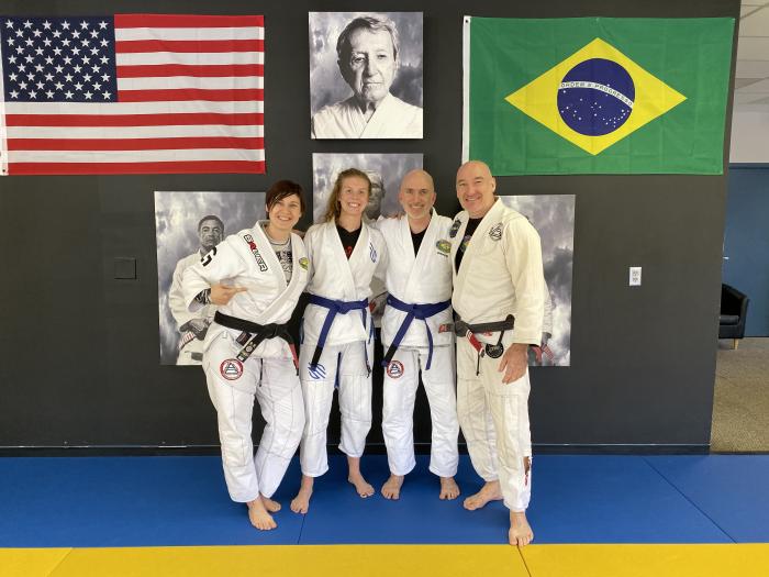 Blue belt promotion group, with Kristen DeBruycker, Emma Sweeney, myself, and Mike Horihan, 24 October 2019