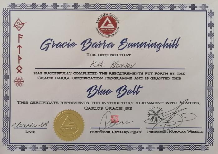 Awarded by Richard Quan and Norman Wessels of Gracie Barra Sunninghill
