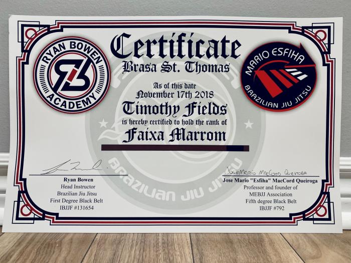 Brown belt · November 17, 2018 · Promoted by Ryan Bowen