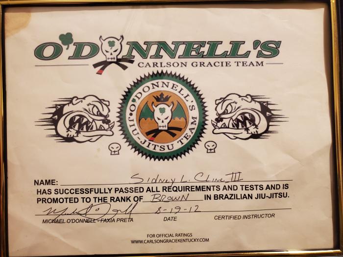 Brown belt · August 19, 2012 · Promoted by Mike O'Donnell