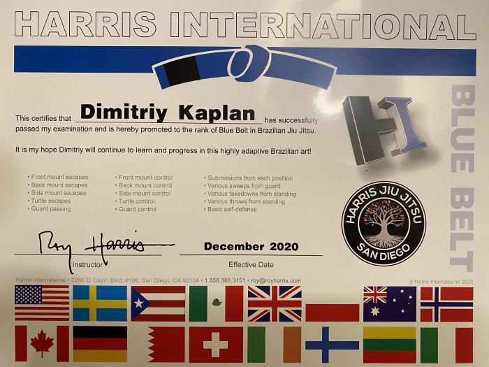 Blue belt · December 5, 2020 · Promoted by Roy Harris