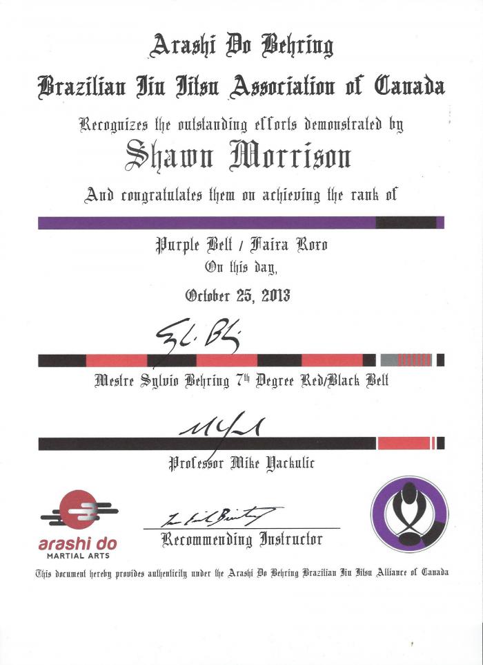 Purple belt · October 25, 2013 · Promoted by Sylvio Behring