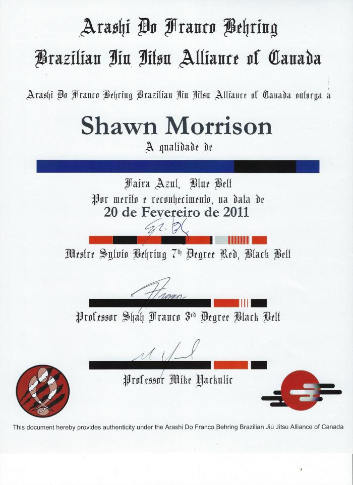 Blue belt · February 20, 2011 · Promoted by Sylvio Behring