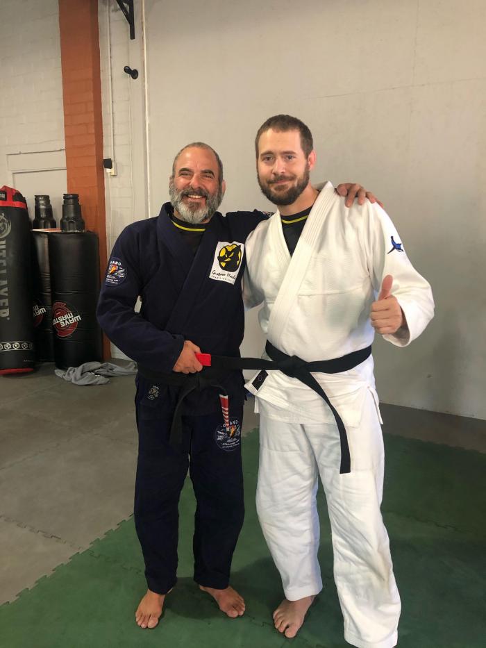 Freshly strapped with my instructor, Gustavo Machado.
