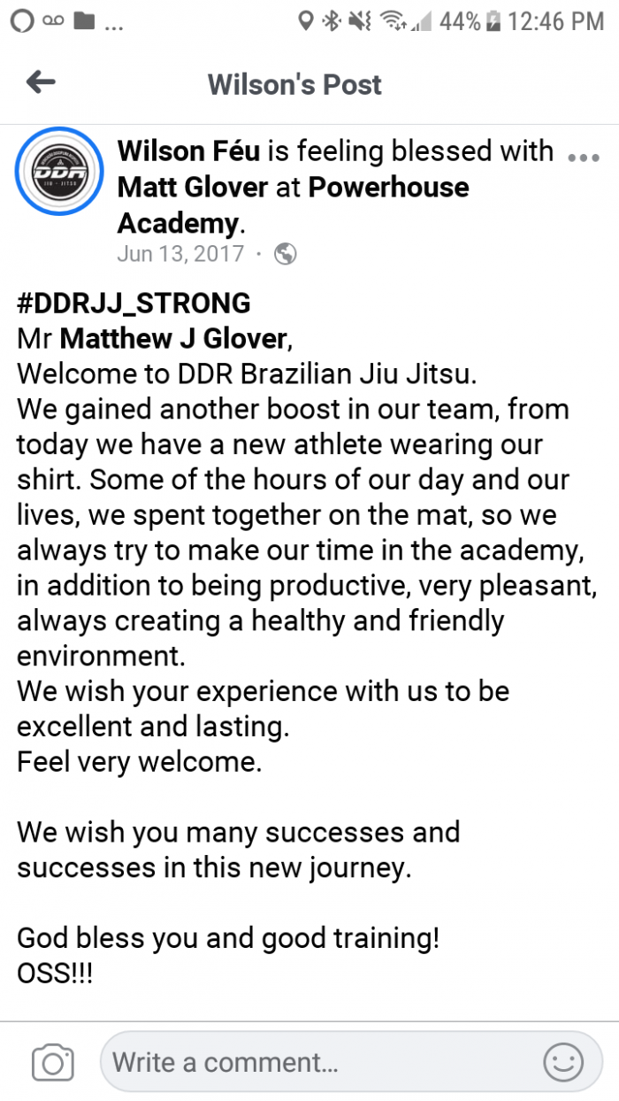 Blue belt · June 3, 2017 · Promoted by Wilson Feu DDR Jiu Jitsu