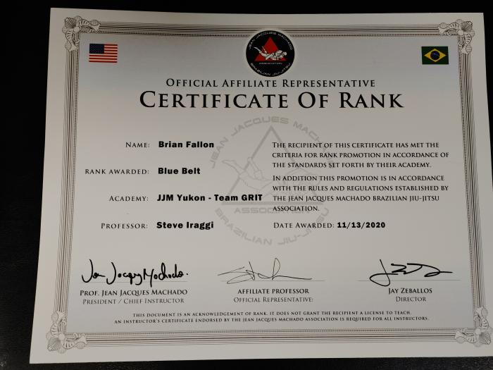 Blue belt · November 13, 2020 · Promoted by Steve Iraggi