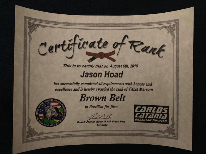Brown belt · August 6, 2019 · Promoted by Professor Joel Bane