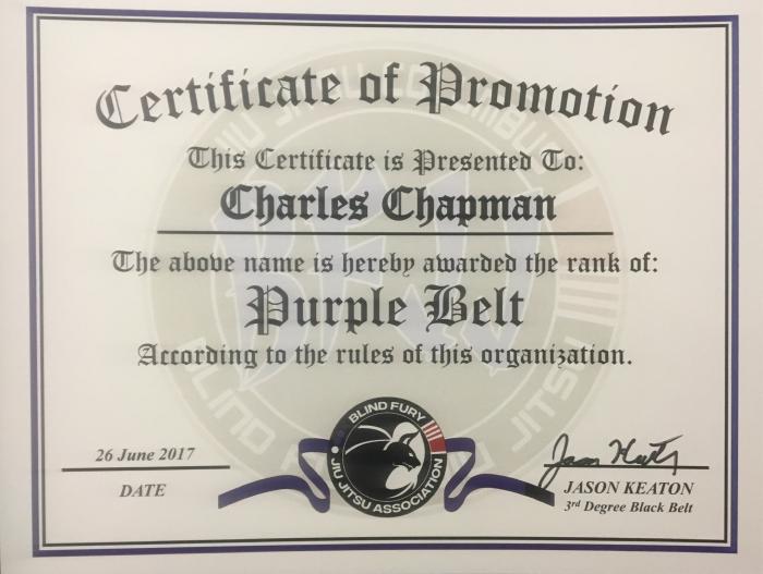 Purple belt · June 26, 2017 · Promoted by Jason Keaton