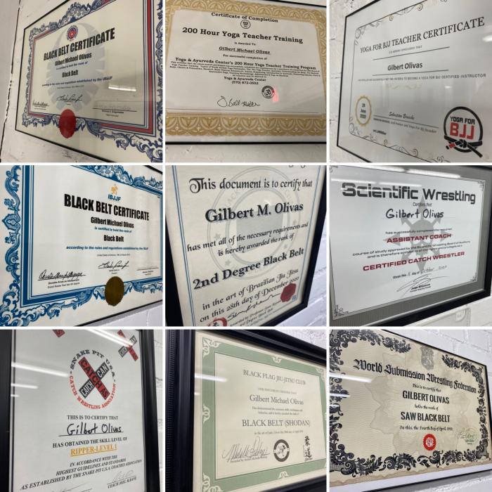 Certificates: USBJJF, YTT 200, Yoga for BJJ, IBJJF, 2nd Degree BJJ Black Belt, Scientific Wrestling, Snake Pit USA, Judo Shodan, SAW Black Belt.