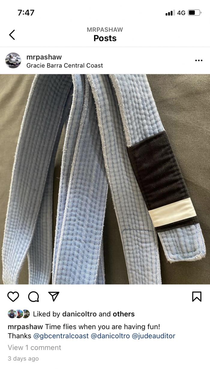 Blue belt · July 30, 2020 · Promoted by Professor Jude Auditor