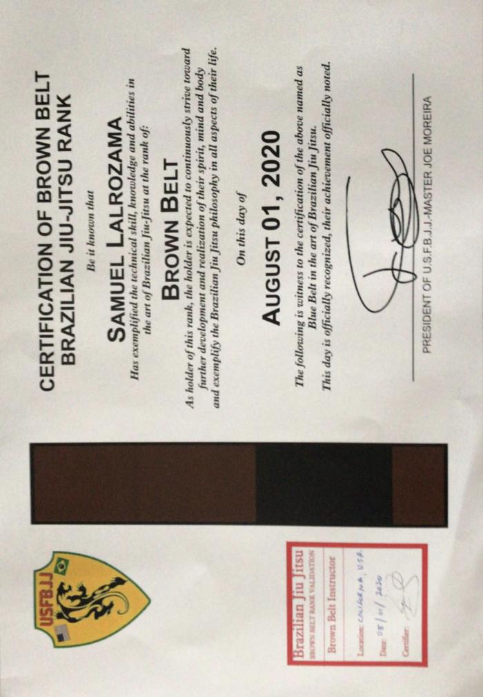 Brown belt · August 1, 2020 · Promoted by Master Joe Moreira