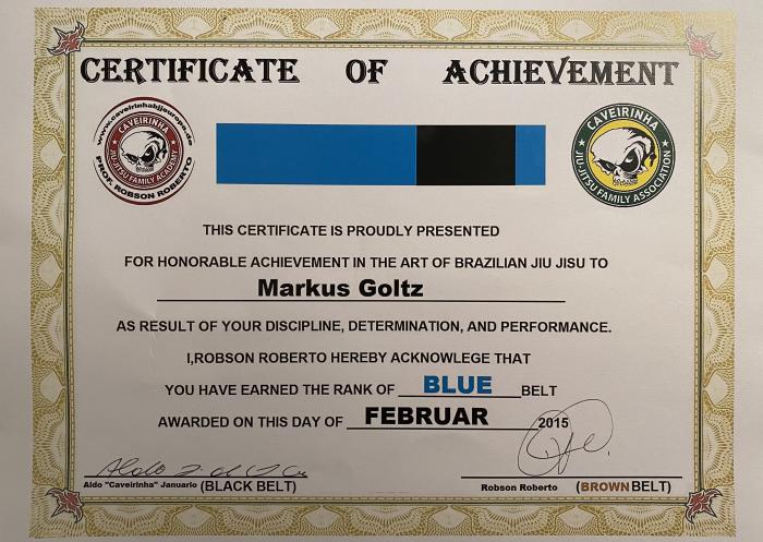 Blue belt · February 1, 2015 · Promoted by Aldo „Caveirinha“ Januario