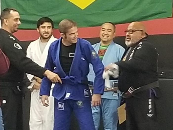 Blue Belt promotion by Professors Chewy Ybarra and Jorge Sandoval