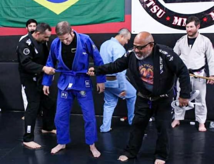 Additional photo of my promotion on 2/6/21 in Modesto California at Modesto Power Brazilian Jiu Jitsu. Well known Cleber Luciano Black Belt Professor Chewy Ybarra on the right.