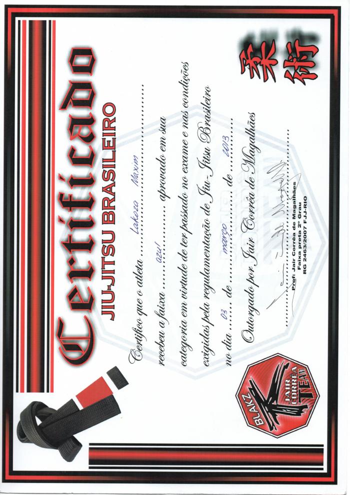 Blue belt · March 3, 2013 · Promoted by Jair Correa de Magalhaes