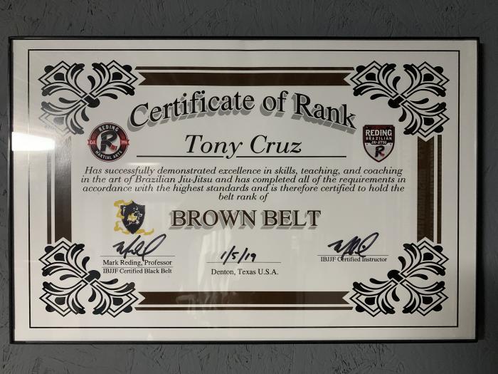 Brown belt · January 5, 2019 · Promoted by Professor Mark Reding - Reding Martial Arts - Denton, TX