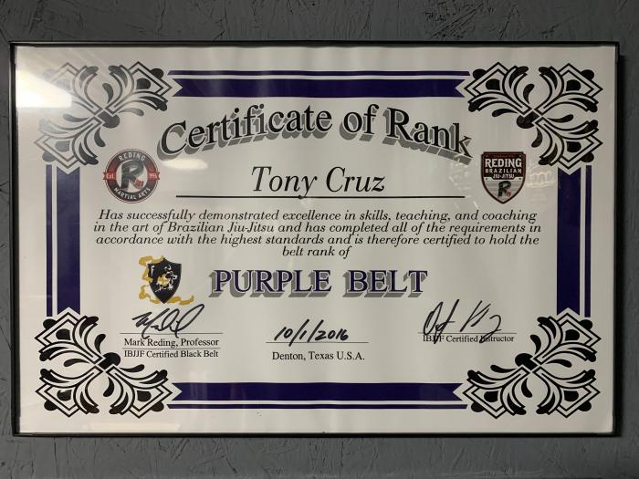Purple belt · October 2, 2016 · Promoted by Professor Mark Reding- Reding Martial Arts - Denton, TX