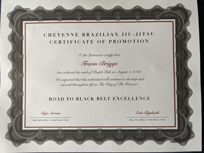 Purple belt · August 1, 2020 · Promoted by Eric Bydairk
