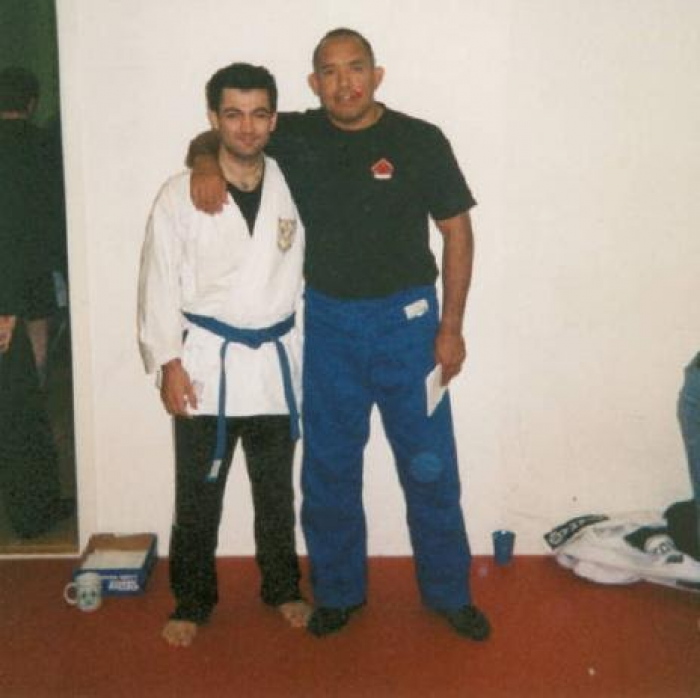 My first meeting with a Jiujitsu black belt: Mr Roy Harris. Wearing my karate blue belt and a judo jacket I had borrowed. (2003?)