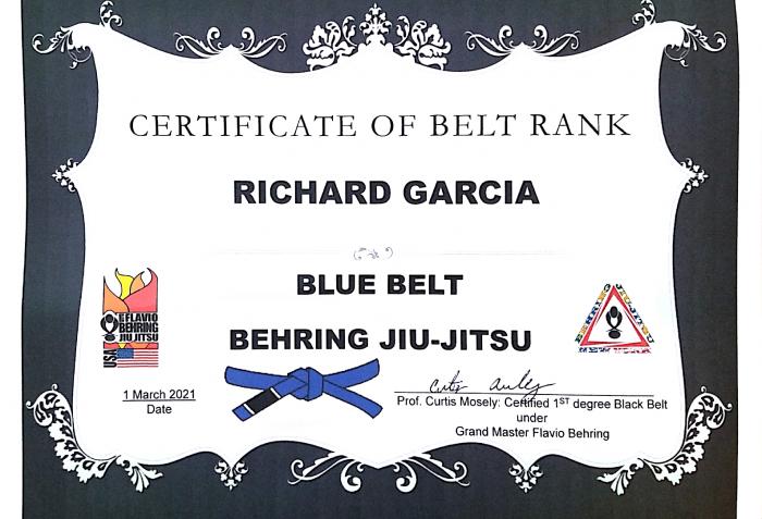 Blue belt · March 1, 2021 · Promoted by Prof. Curtis Mosely