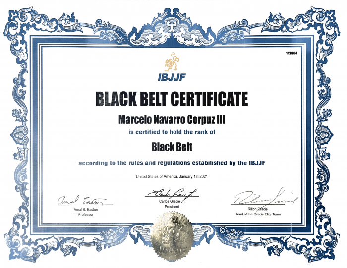 IBJJF black belt certificate (signed by Professor Amal Easton and Master Rilion Gracie)