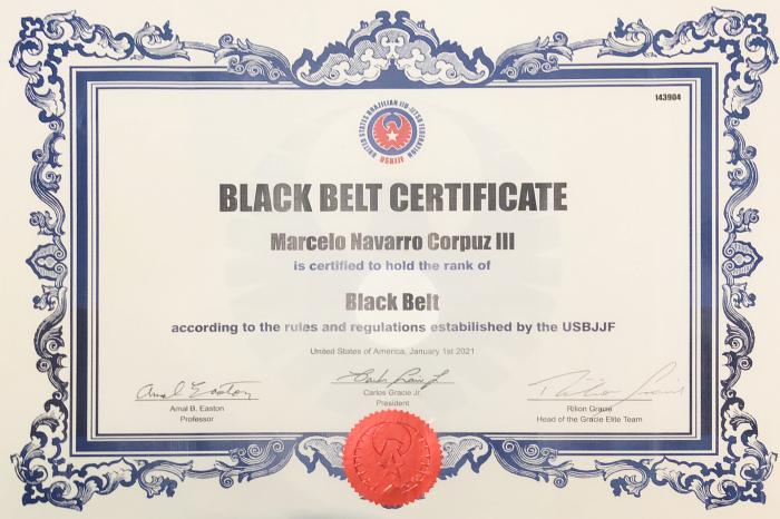 USBJJF black belt certificate (signed by Professor Amal Easton and Master Rilion Gracie)