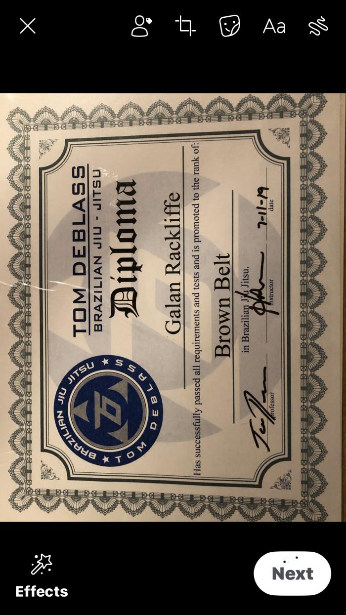 Brown belt · July 11, 2019 · Promoted by Tom Deblas Professor Hayden Martz