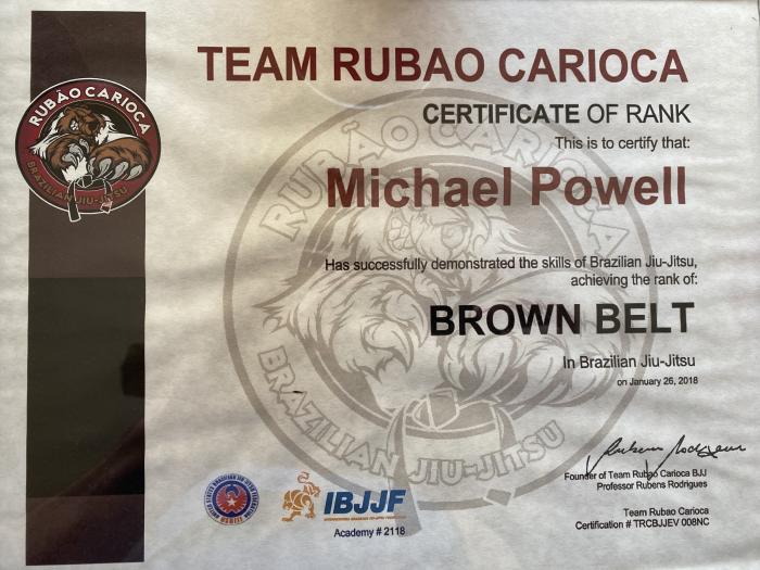 Brown belt · January 26, 2018 · Promoted by Rubao Carioca